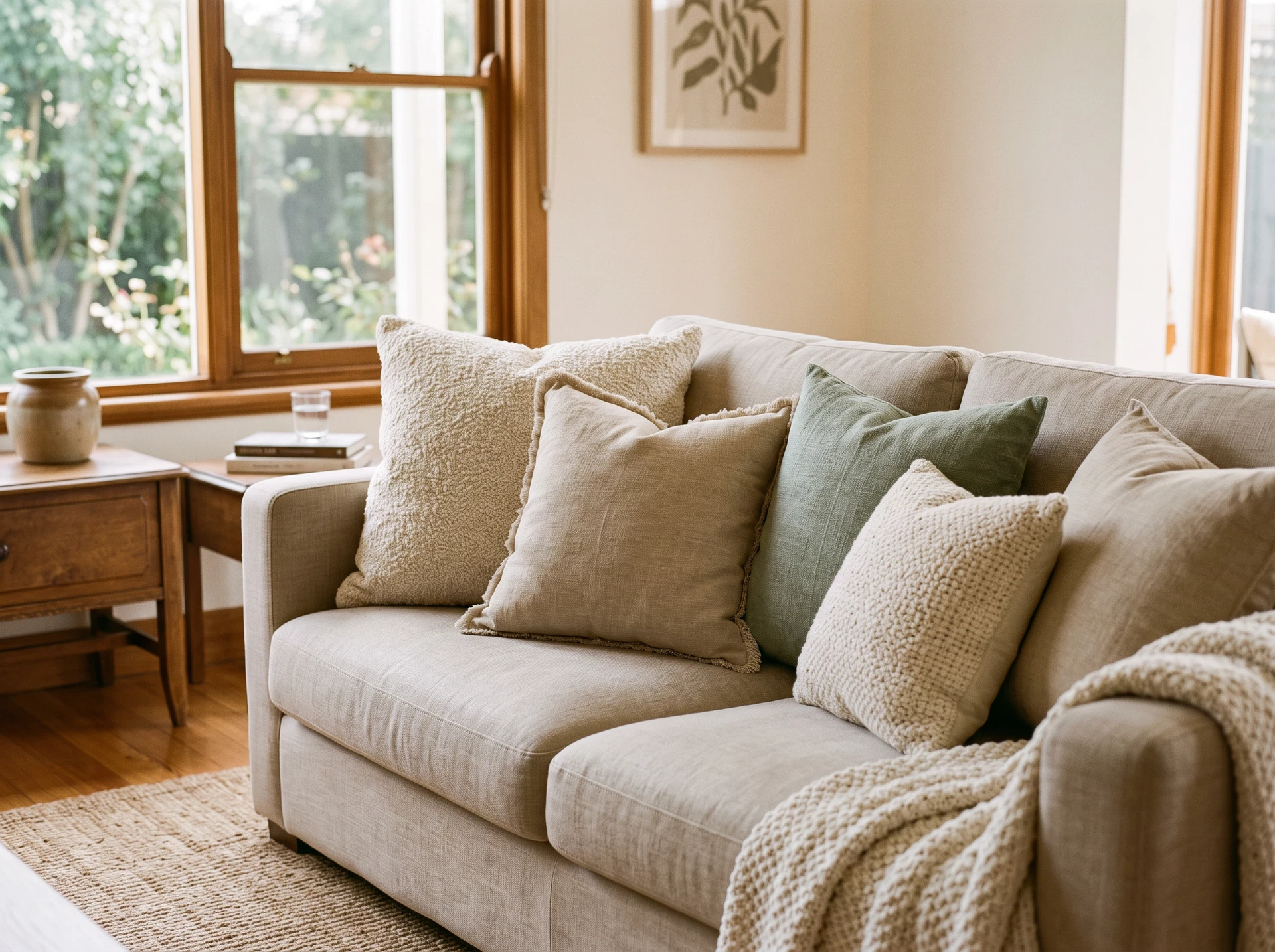 Neutral textured throw pillows