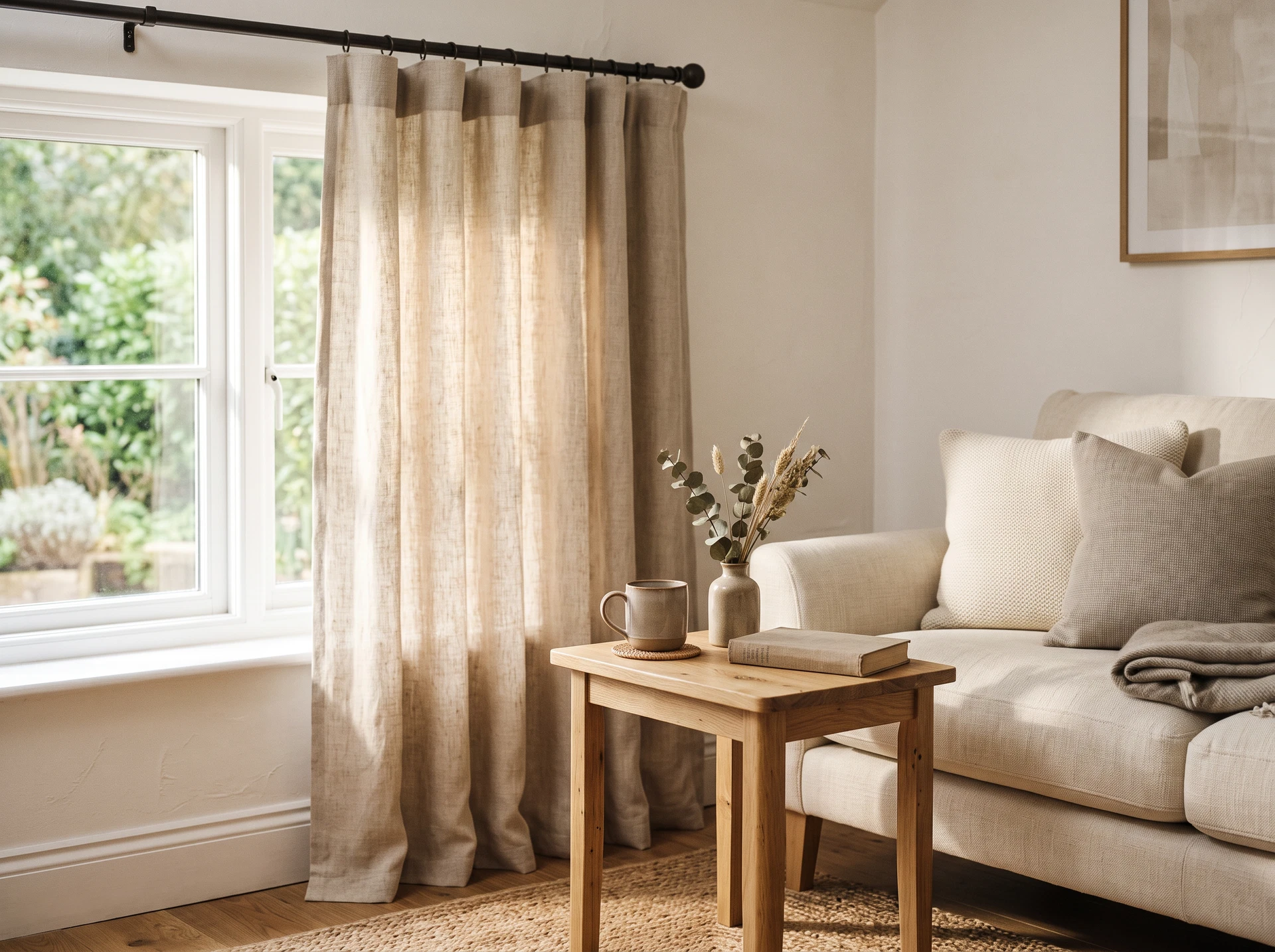 Neutral linen living room curtains