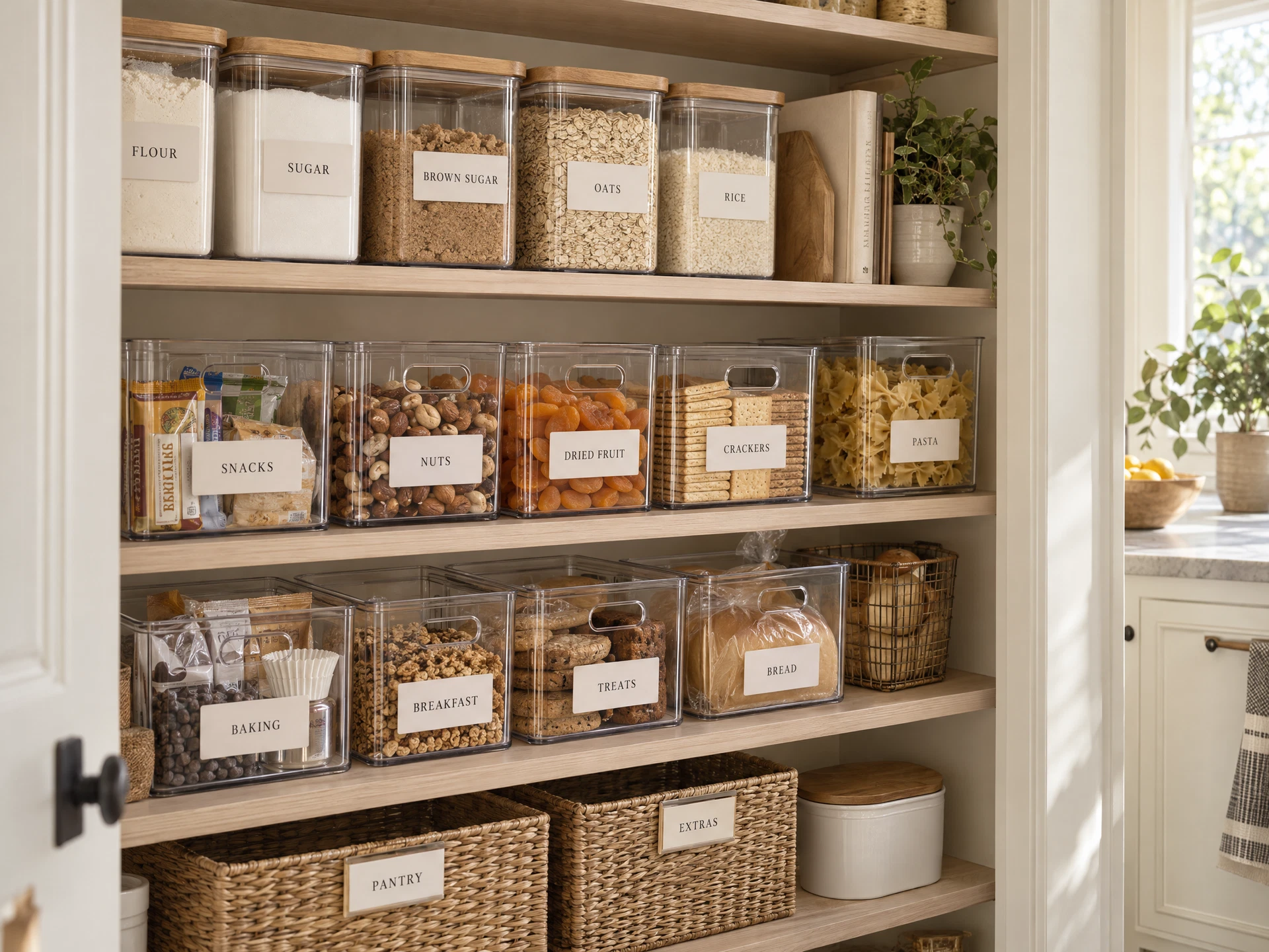 Clear pantry bins and labels