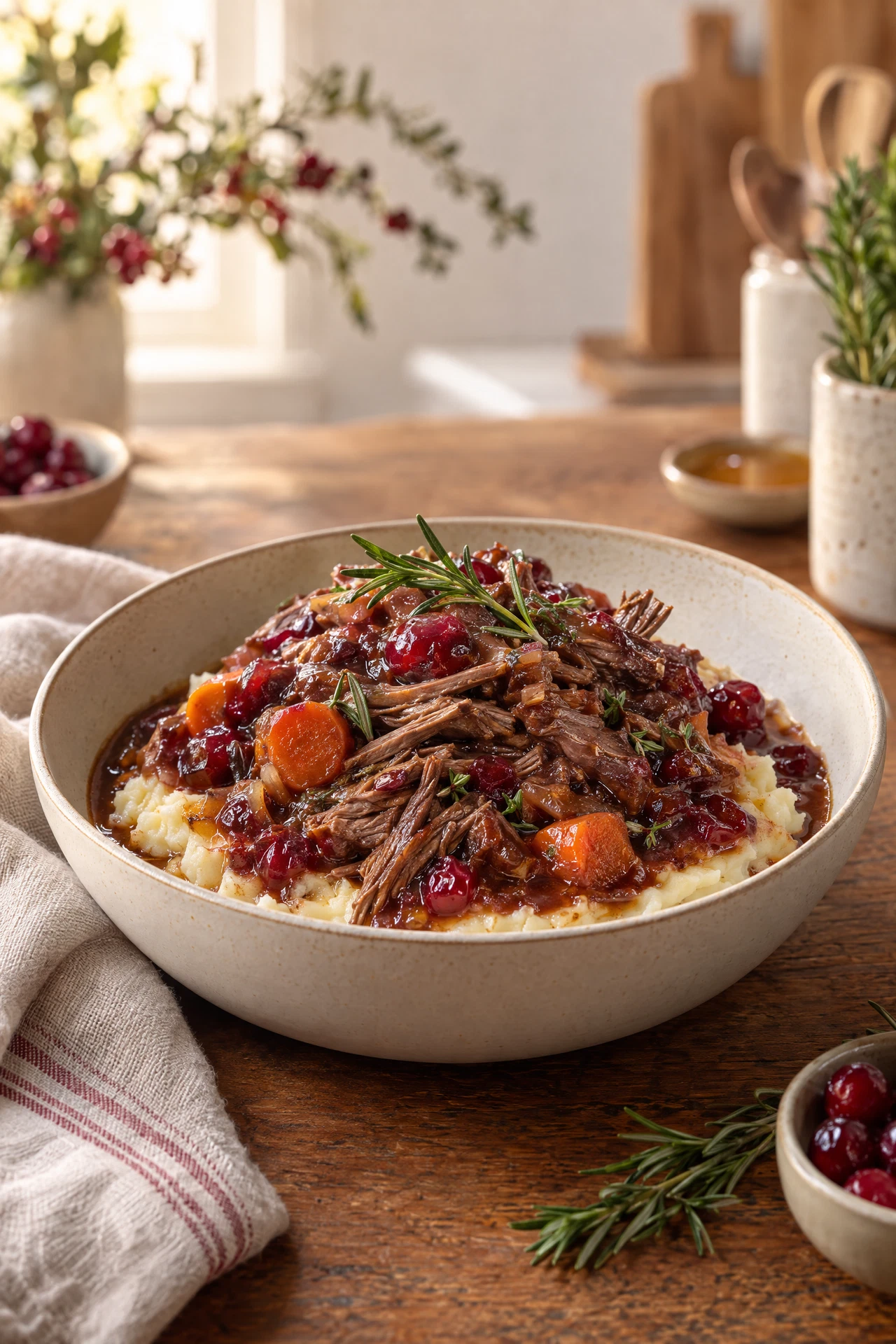 Bowl of cranberry-honey shredded beef with cranberries and carrots over mashed potatoes